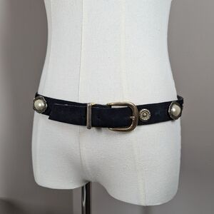Vintage Black Leather Belt with Faux Pearls & Gold Medallions 80s Glam Western